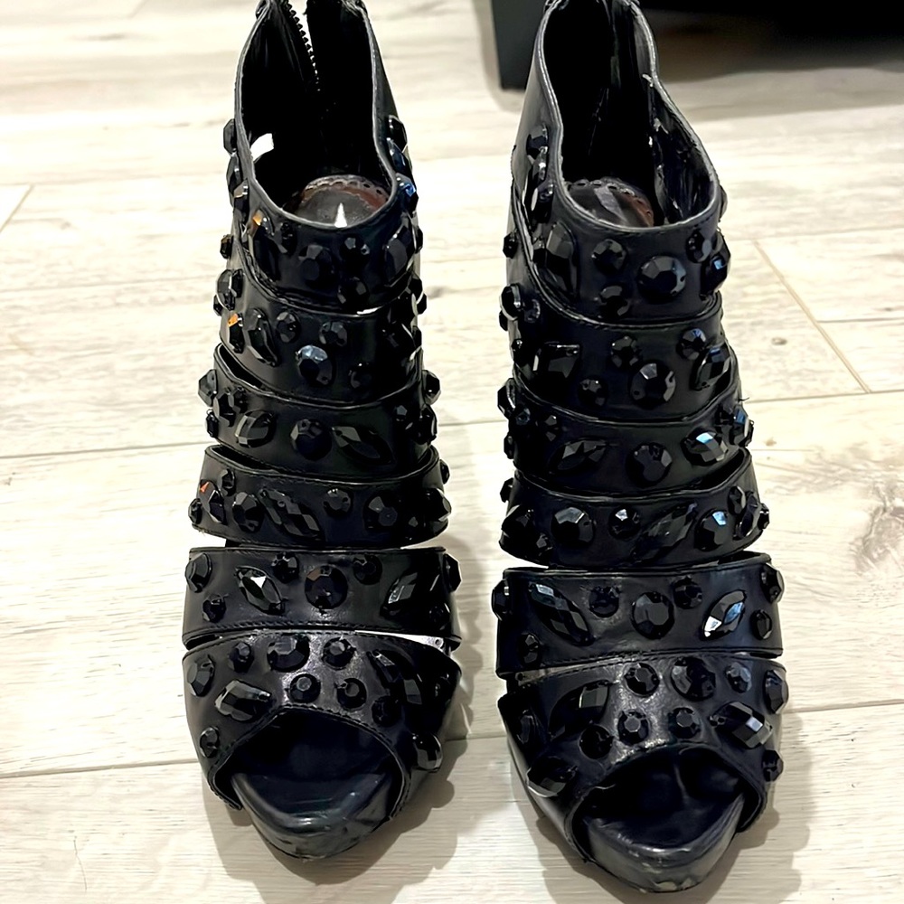 Black Bebe open toed heels with gem stones